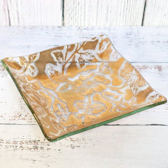 Mid-Century 22K Gold Leaf Trinket Dish Floral Glass Tray Jewelry Catch-All - Picture 1 of 6